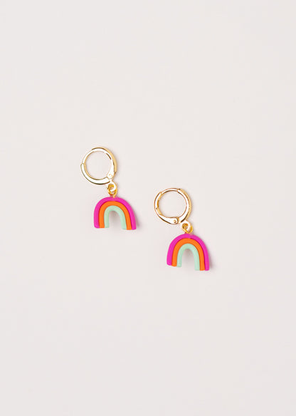 Little Rainbow earrings by Little APÖ, handmade polymer clay earrings in a small rainbow shape with three bright colors, playful, lightweight, and perfect for young girls.