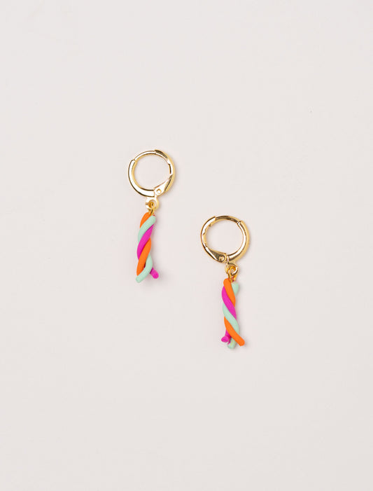 Twist Pop earrings by Little APÖ, handmade polymer clay earrings inspired by colorful candy twists, small, playful, and lightweight for young girls.